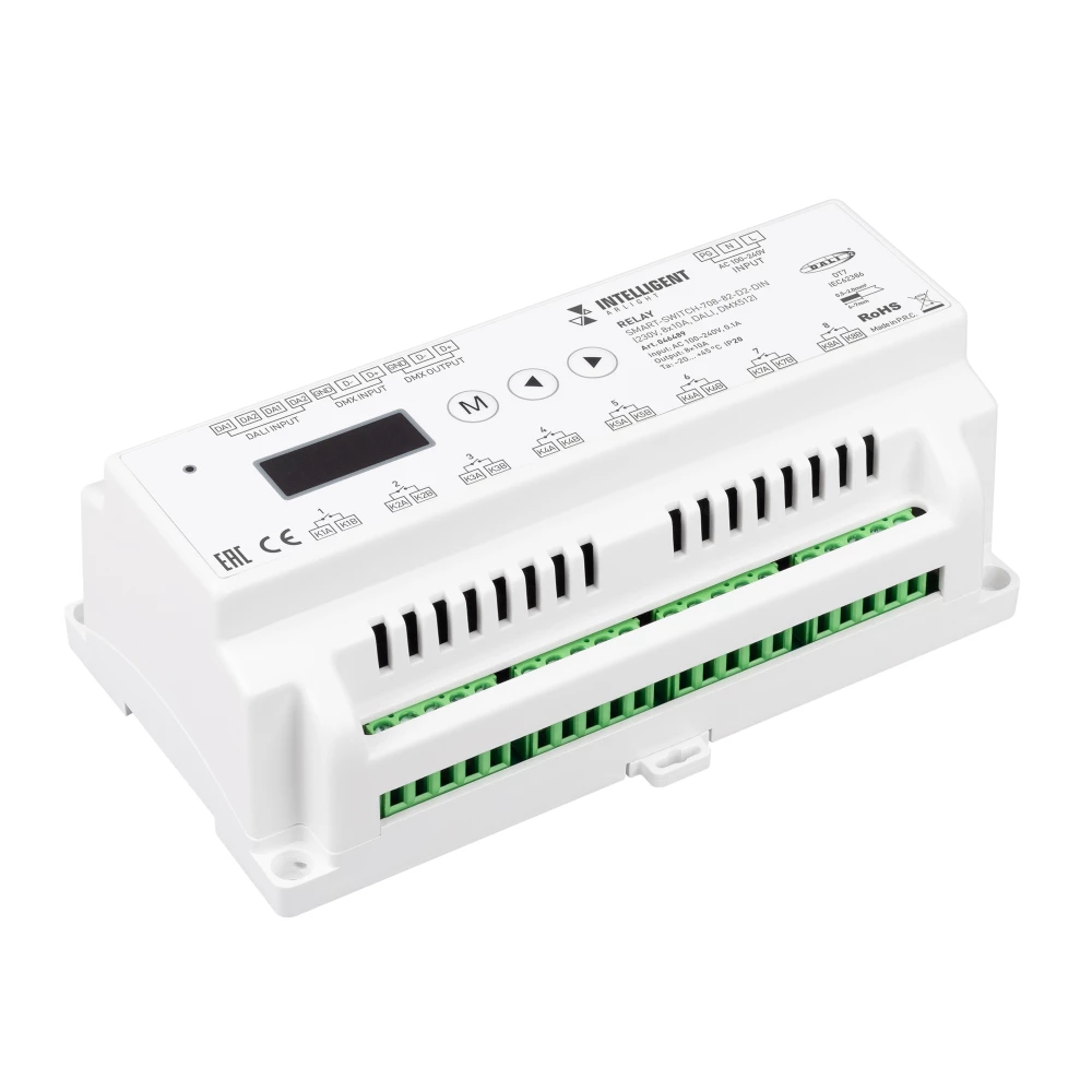 INTELLIGENT ARLIGHT Релейный модуль SMART-SWITCH-708-82-D2-DIN (230V, 8x10A, DALI, DMX512) (IARL, IP20 Пластик, 5 лет) 046489 - Viokon.com