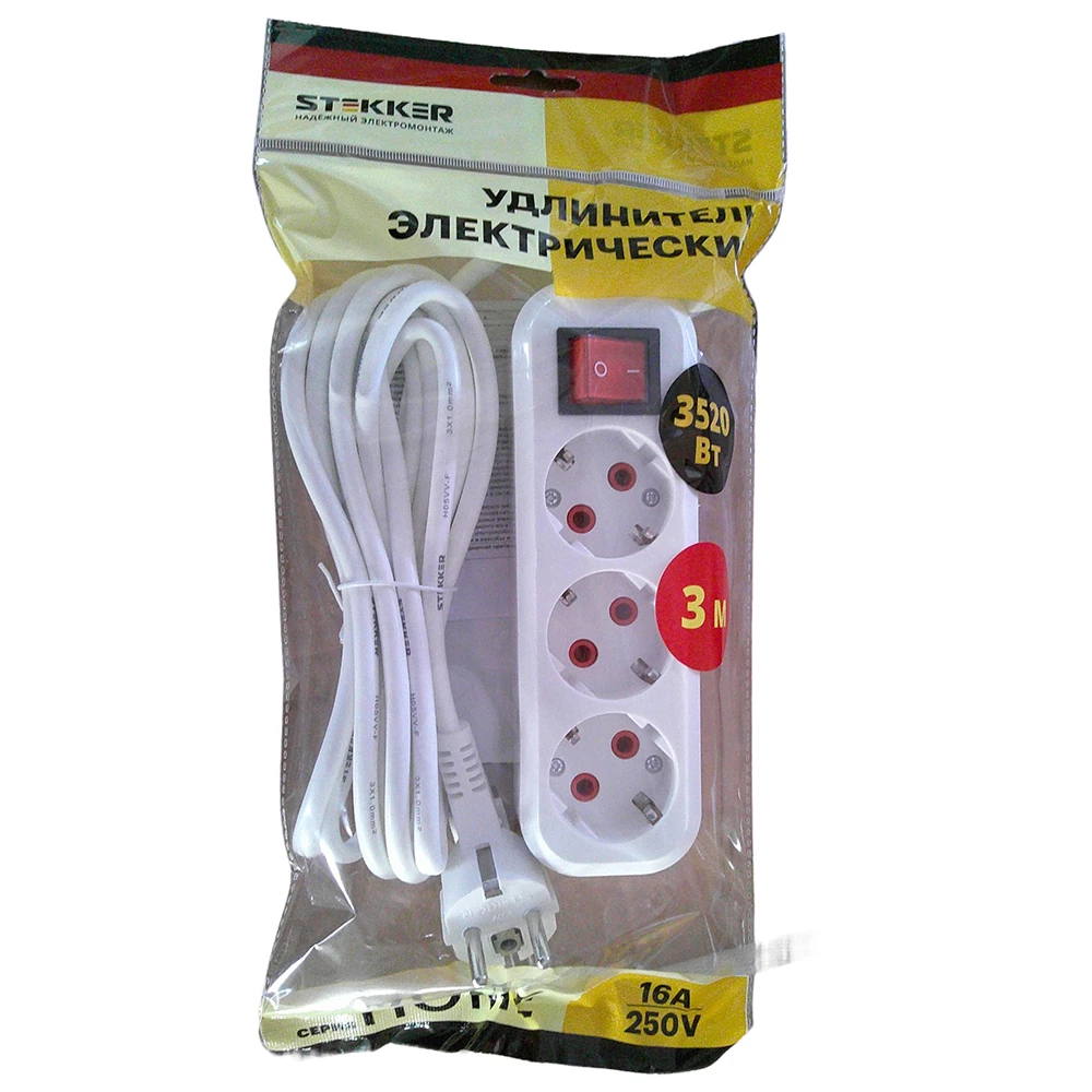 Удлинитель трехместный с/з  с выключ. STEKKER HM07-31-03 3x1мм2, 3м, серия Home (У16А-002), белый (49354) - Viokon.com