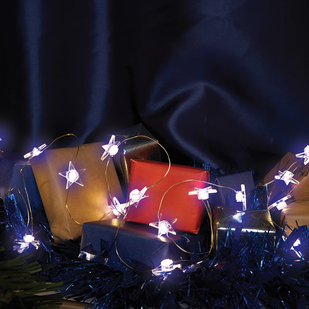 Светодиодная гирлянда Feron CL589 линейная Звездочки на проволоке, 5000К, с питанием от батареек, прозрачный шнур 2.3м (51446) - Viokon.com