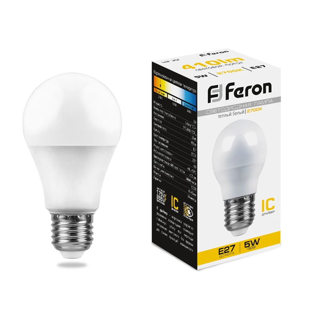Лампа светодиодная Feron LB-38 Шарик E27 5W 175-265V 2700K (25404) - Viokon.com
