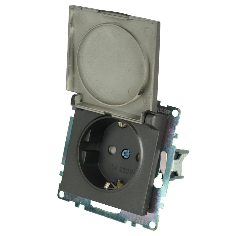 Розетка 1-местная с/з с крышкой (механизм), STEKKER GLS16-7112-04, 250В, 16А с защитной шторкой, серия Катрин, графит (49424) - Viokon.com