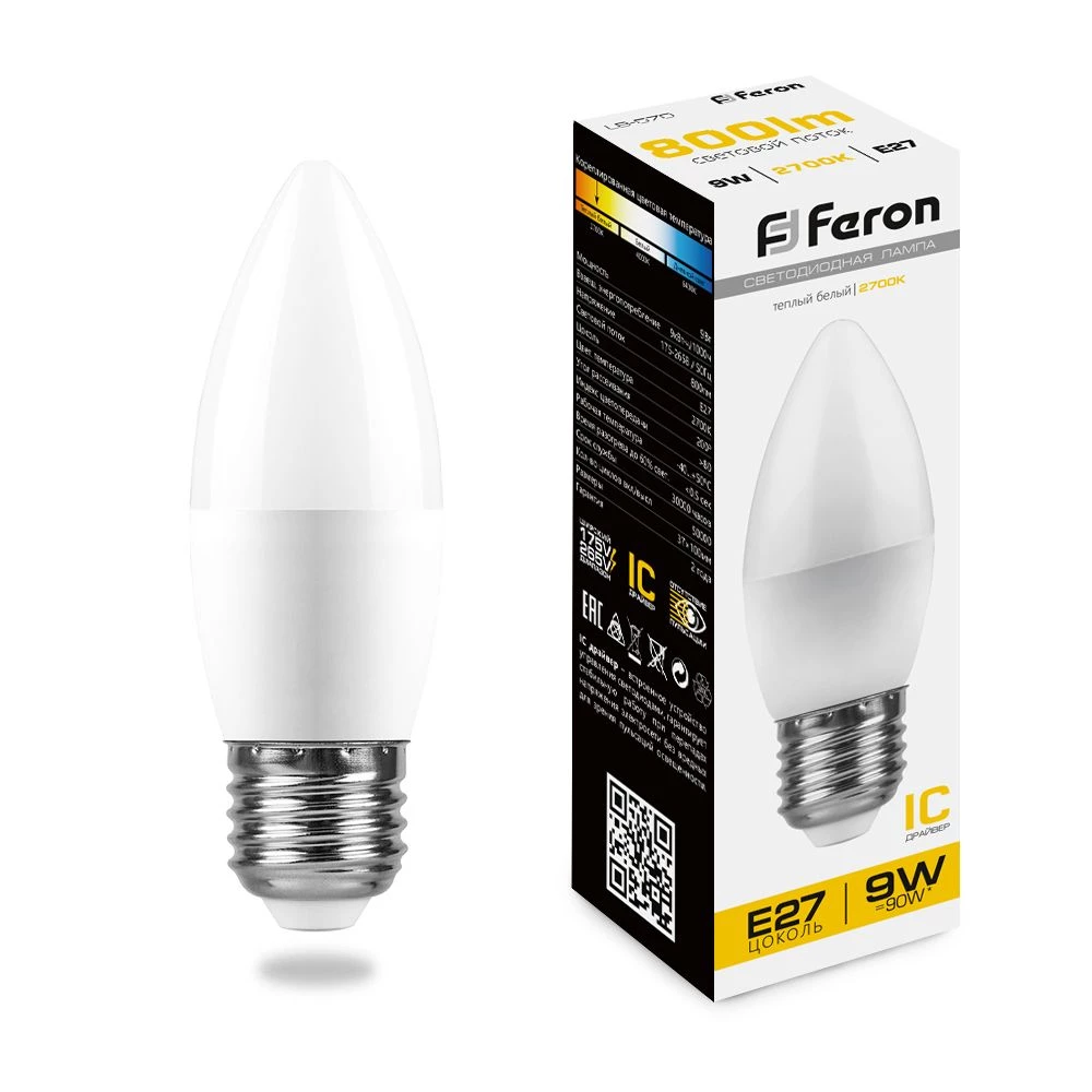Лампа светодиодная Feron LB-570 Свеча E27 9W 175-265V 2700K (25936) - Viokon.com