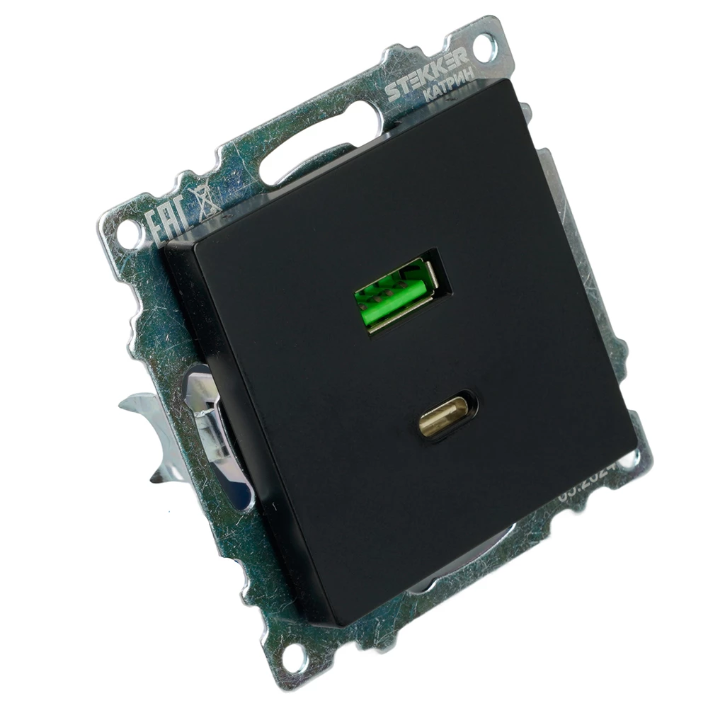 Розетка 2-местная USB + type C (механизм), STEKKER GLS10-7116-05, 250B, 3А, серия Катрин, черный (50055) - Viokon.com