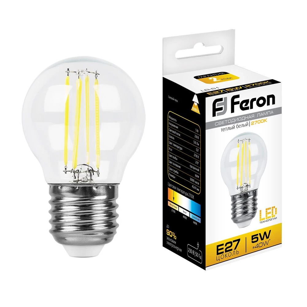 Лампа светодиодная Feron LB-61 Шарик E27 5W 230V 2700K (25581) - Viokon.com