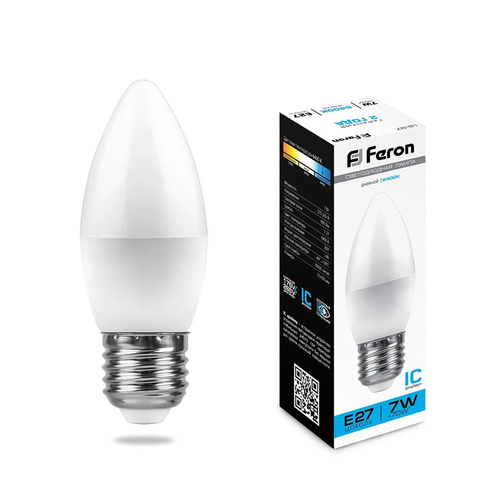 Лампа светодиодная Feron LB-97 Свеча E27 7W 175-265V 6400K (25883) - Viokon.com