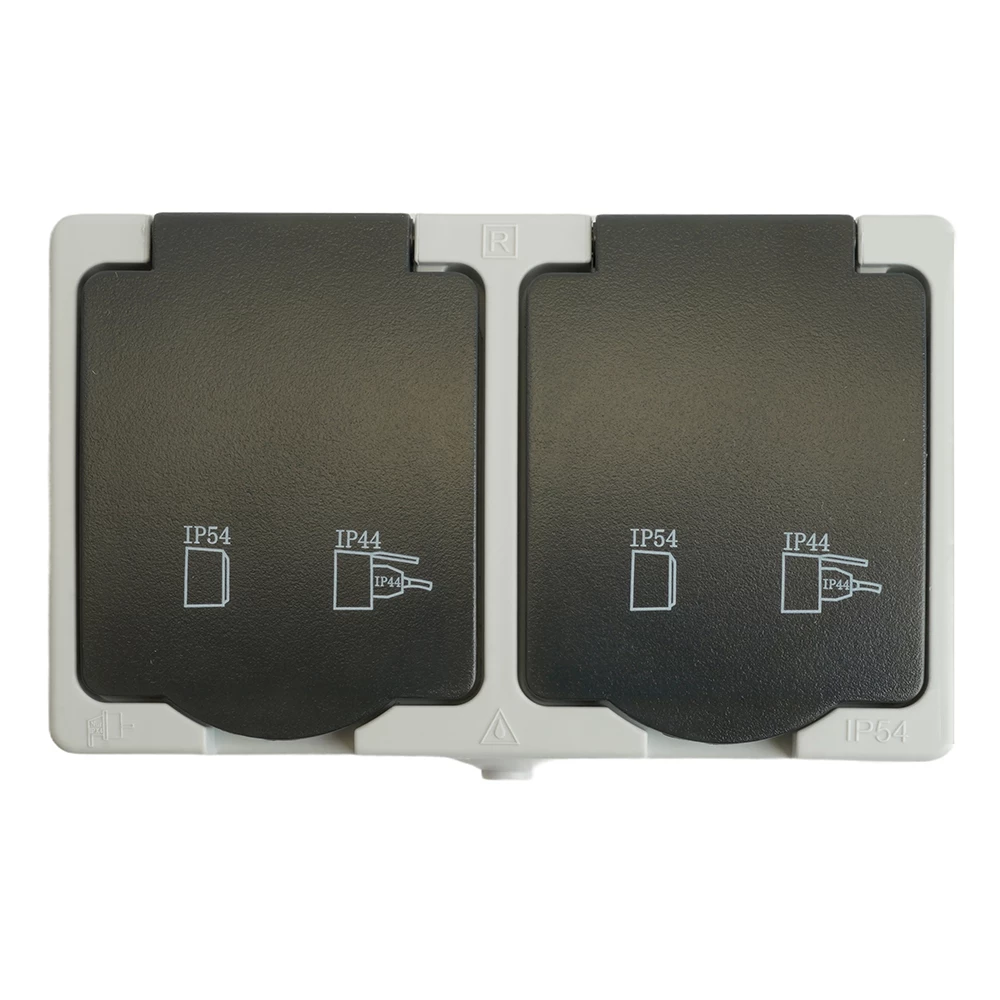 Розетка 2-местная с крышкой с/з STEKKER PST16-12-54, пластик АВS, 250В, 16А, IP54, серый/графит (32754) - Viokon.com