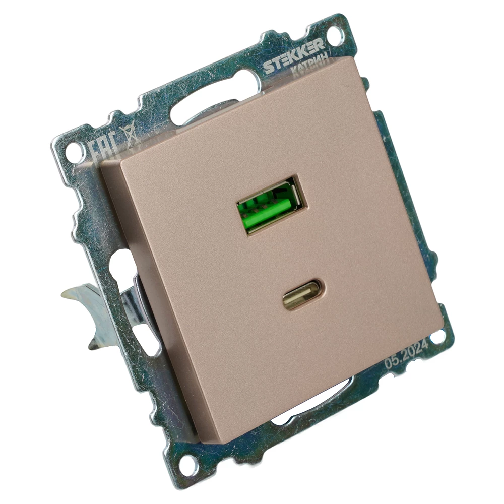 Розетка 2-местная USB + type C (механизм), STEKKER GLS10-7116-02, 250B, 3A, max 20W, серия Катрин, шампань (50056) - Viokon.com