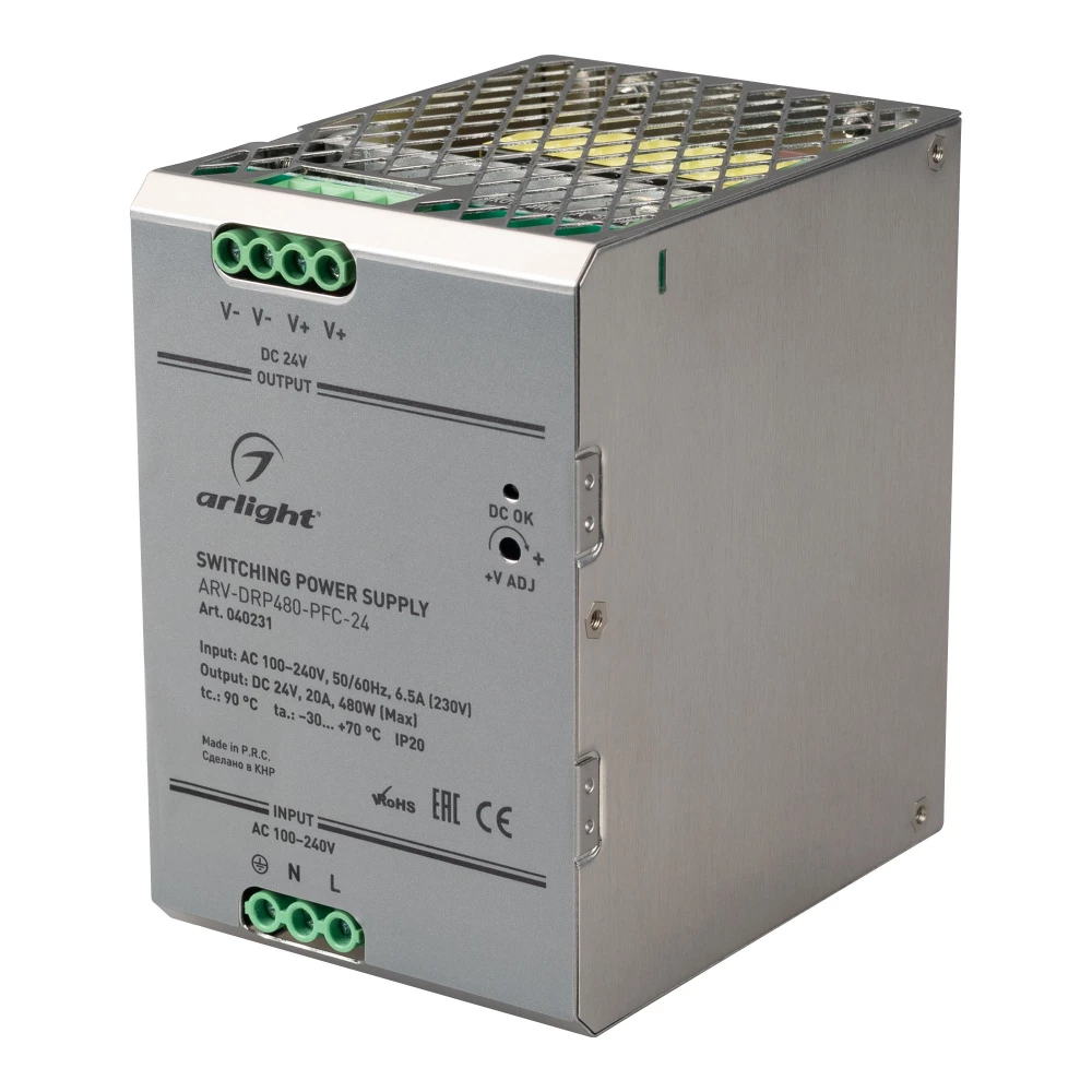 Блок питания ARV-DRP480-PFC-24 (24V, 20A, 480W) (Arlight, IP20 Металл, 5 лет) 040231 - Viokon.com