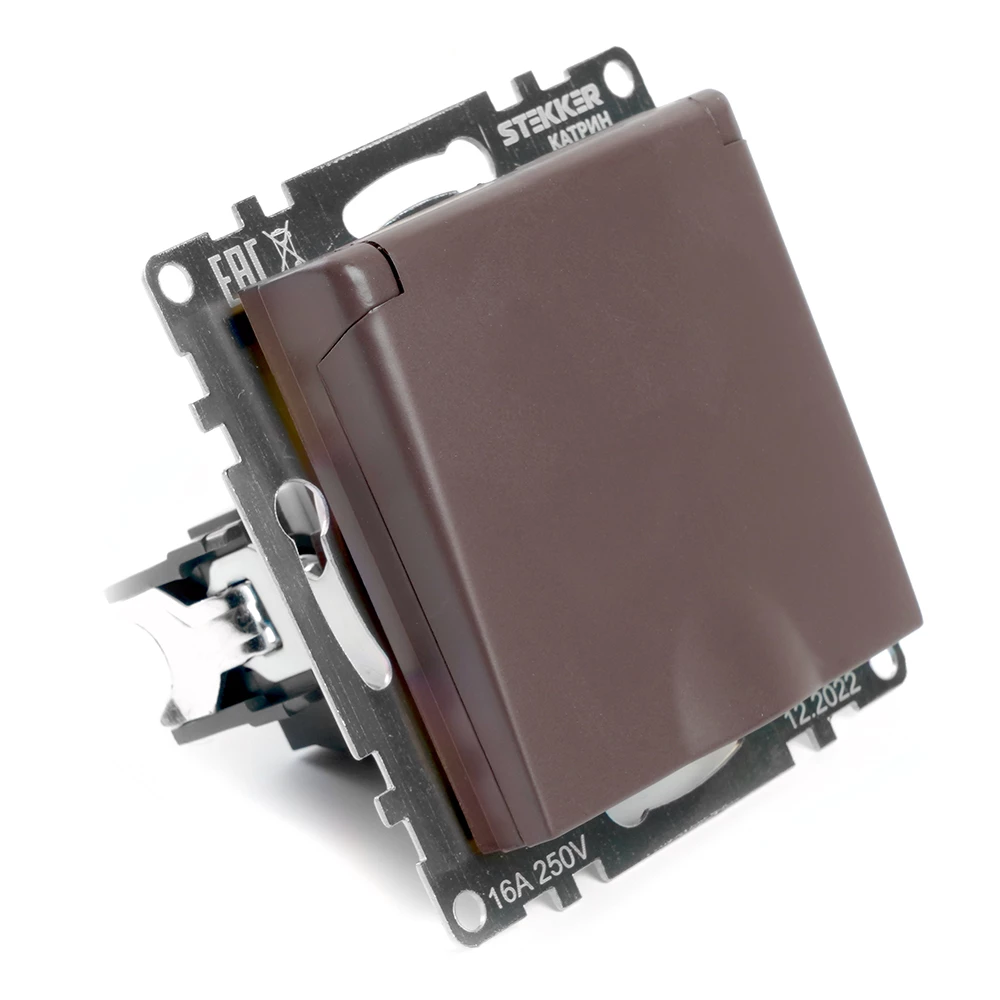 Розетка 1-местная с/з с крышкой (механизм), STEKKER GLS16-7112-04, 250В, 16А с защитной шторкой, серия Катрин, шоколад (49029) - Viokon.com