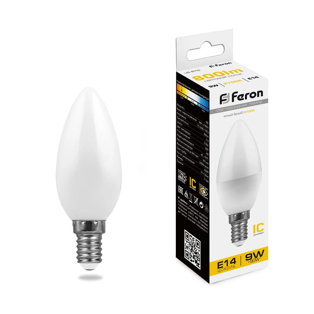 Лампа светодиодная Feron LB-570 Свеча E14 9W 175-265V 2700K (25798) - Viokon.com