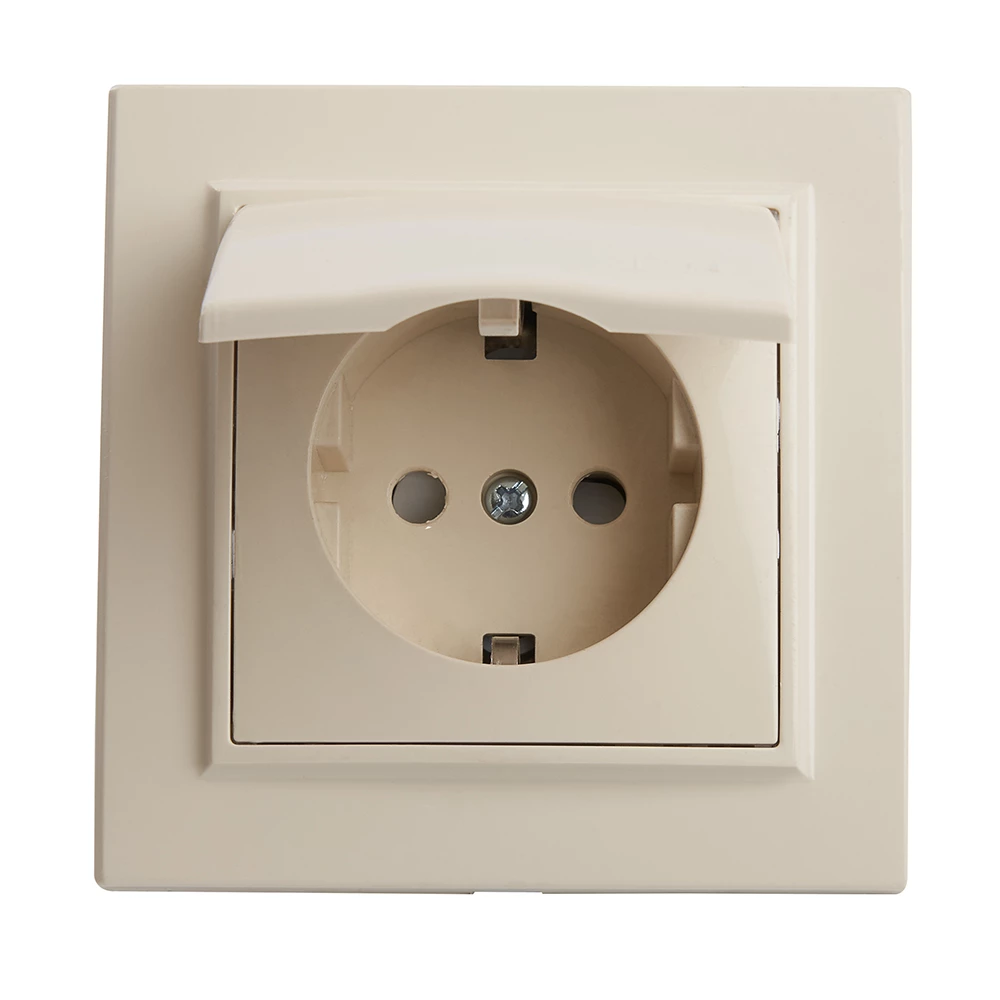 Розетка 1-местная с/з с крышкой, STEKKER, PST16-9012-02, 250В,16А с защитной шторкой, серия Эрна, слоновая кость (39238) - Viokon.com