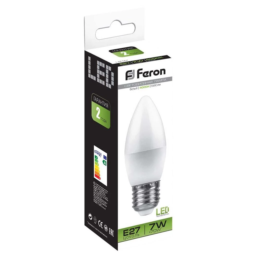 Лампа светодиодная Feron LB-97 Свеча E27 7W 175-265V 4000K (25759) - Viokon.com