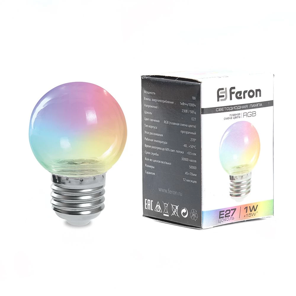 Лампа светодиодная Feron LB-37 Шарик прозрачный E27 1W 230V RGB плавная смена цвета (38132) - Viokon.com