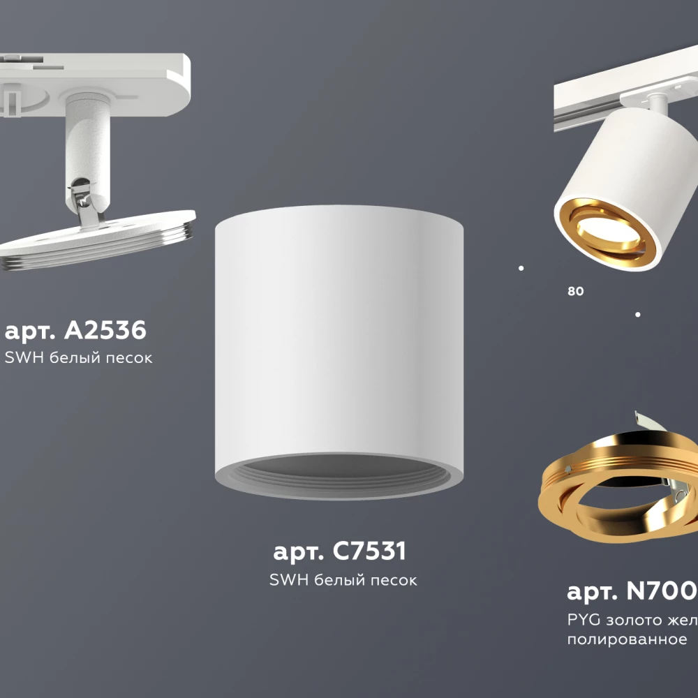Комплект поворотного трекового светильника XT7531020 SWH/PYG белый песок/золото желтое полированное MR16 GU5.3 (A2536, C7531, N7004) - Viokon.com