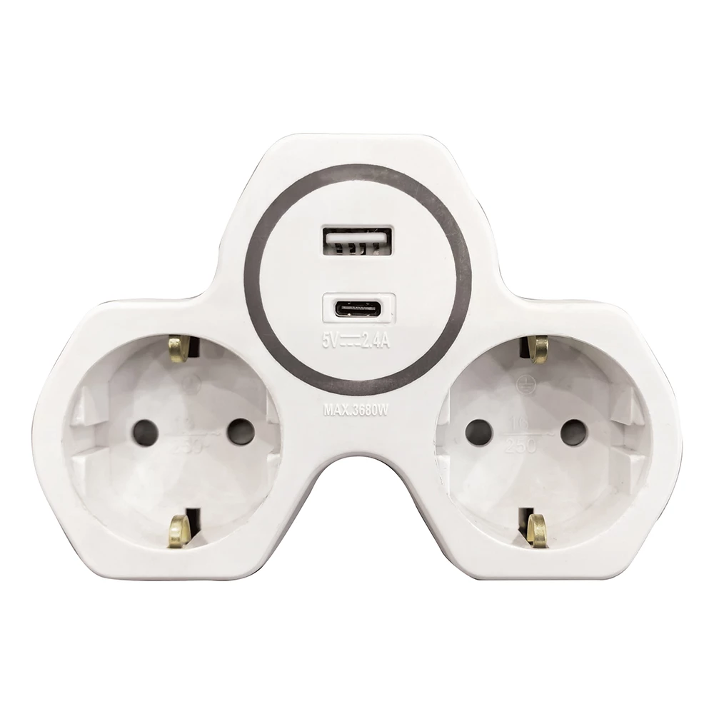 Разветвитель сетевой 2-местный с/з STEKKER ADP16-15-20, 250V, 16A и USB+Type C на 2.4А, белый/серый (50071) - Viokon.com