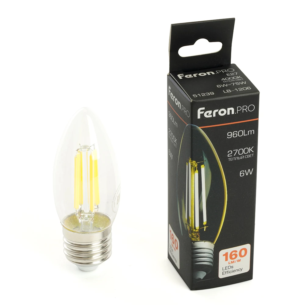 Лампа светодиодная Feron.PRO LB-1206 Свеча E27 960LM 6W 175-265V 2700K (51238) - Viokon.com